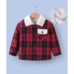 Kookie Kids Full Sleeves Checkered Winter Jacket With Fur Detailing - Red & Black-picture-19