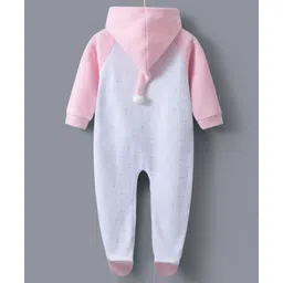 Kookie Kids Full Sleeves Footed  Hooded Winter Wear Romper with Bunny Embroidery - Pink image 2