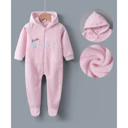 Kookie Kids Full Sleeves Footed Length Hooded Winter Wear Romper with Text Embroidery - Pink-picture-31