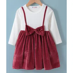 Kookie Kids Full Sleeves Frock WithBow Detailing - White & Wine-picture-24