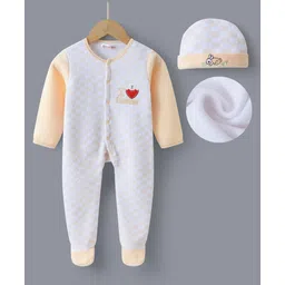 Kookie Kids Full Sleeves Front Open Checkered Romper withCap Bear & Bunny Embroidery - Peach-picture-12