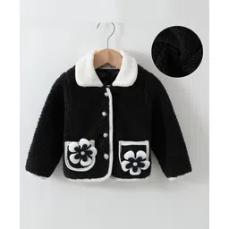 Kookie Kids Full Sleeves Front Open Collar Neck Fur Winter Jacket With Floral Applique - Black-picture-17
