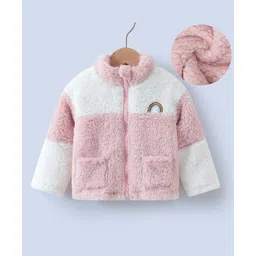 Kookie Kids Full Sleeves High Neck Fur Winter Jacket with Colour Block Design & Rainbow Embroidery - Pink-picture-12