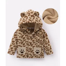 Kookie Kids Full Sleeves Hooded Fur Winter Jacket with Cheetah Print Design & Ears Applique - Beige-picture-11