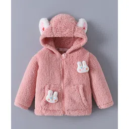 Kookie Kids Full Sleeves Hooded Fur Winter Jacket with Ears & Bunny Applique - Pink-picture-14