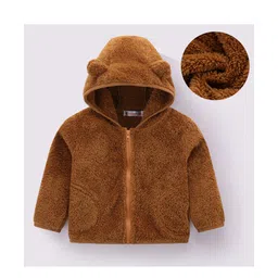 Kookie Kids Full Sleeves Hooded Jacket With Solid Colour & Ears Applique - Brown-picture-36