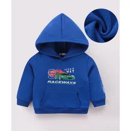 Kookie Kids Full Sleeves Hooded Sweatshirt With Cars Print & Kangaroo Pockets - Blue-picture-15