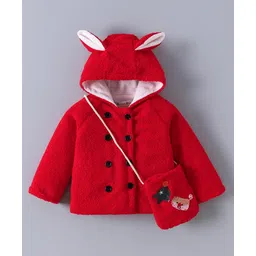 Kookie Kids Full Sleeves Hooded Sweatshirt With Ears Applique & Side Purse - Red-picture-28