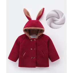 Kookie Kids Full Sleeves Hooded Winter Fur Jacket with 3D Bunny Applique & Pockets - Red-picture-25