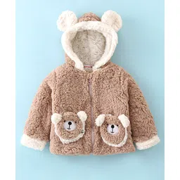 Kookie Kids Full Sleeves Hooded Winter Fur Jacket With Bear Applique - Tan-picture-20