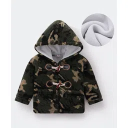 Kookie Kids Full Sleeves Hooded Winter Fur Jacket with Camouflage Design - Dark Green-picture-24