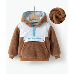 Kookie Kids Full Sleeves Hooded Winter Fur Jacket with Colour Block Design & Kangaroo Pockets - Brown-picture-15