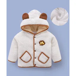 Kookie Kids Full Sleeves Hooded Winter Fur Jacket with Lion Patch3D Applique & Pockets - Cream-picture-11