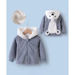 Kookie Kids Full Sleeves Hooded Winter Fur Jacket with Patch & 3D Applique at Back - Light Blue-picture-16