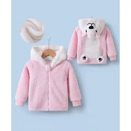 Kookie Kids Full Sleeves Hooded Winter Fur Jacket with Patch & 3D Applique at Back - Pink-picture-21