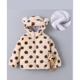 Kookie Kids Full Sleeves Hooded Winter Fur Jacket with Polka Dot Design & Teddy Bear Applique - Beige-picture-19