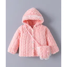 Kookie Kids Full Sleeves Hooded Winter Fur Jacket with Solid Colour & Side Purse - Pink-picture-17