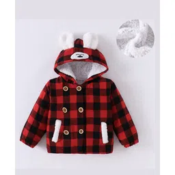 Kookie Kids Full Sleeves Hooded Winter Jacket with Checkered Design & Ears Applique - Red & Black-picture-32