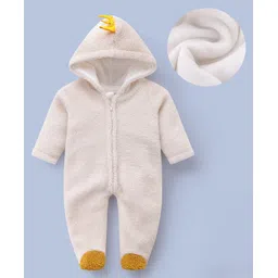 Kookie Kids Full Sleeves Hooded Winter Wear Footed Romper with Dino Scales Applique - Beige-picture-33