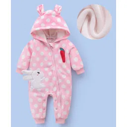 Kookie Kids Full Sleeves Hooded Winter Wear Romper With Bunny Applique & Bobby Print- Pink-picture-37