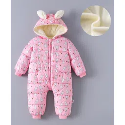Kookie Kids Full Sleeves Hooded Winter Wear Romper With Bunny Print & Ear Applique - Pink-picture-29