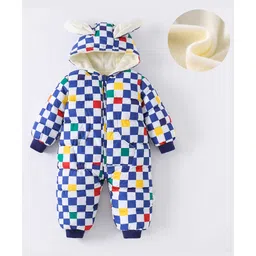 Kookie Kids Full Sleeves Hooded Winter Wear Romper With Checks - Navy-picture-38