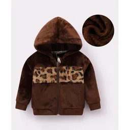 Kookie Kids Full Sleeves HoodedWinter Fur Jacket with Leopard Theme Design - Brown-picture-10