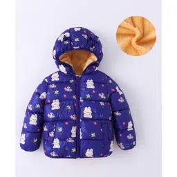 Kookie Kids Full Sleeves Padded Hooded Jacket with Bunny & Floral Print - Navy Blue-picture-18