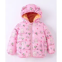 Kookie Kids Full Sleeves Padded Hooded Jacket with Bunny & Floral Print - Pink-picture-25