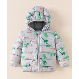 Kookie Kids Full Sleeves Padded Hooded Jacket with Dino Print & Ears Applique - Grey-picture-36