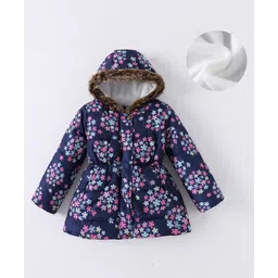 Kookie Kids Full Sleeves Padded Hooded Jacket with Floral Print & Fur Detailing - Navy Blue-picture-30
