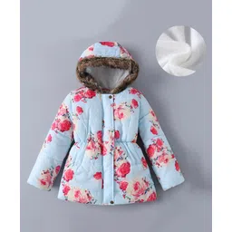 Kookie Kids Full Sleeves Padded Hooded Jacket with Floral Print & Pockets - Light Blue-picture-13