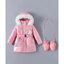 Kookie Kids Full Sleeves Padded Hooded Jacket with Gloves & Pockets - Pink-picture-35