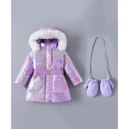 Kookie Kids Full Sleeves Padded Hooded Jacket with Gloves & Pockets - Purple-picture-34