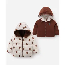 Kookie Kids Full Sleeves Padded Hooded Reversible Jacket with Gummy Bears Design - White & Brown-picture-37