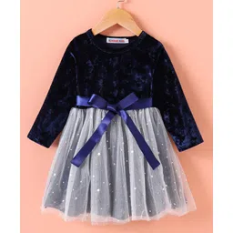 Kookie Kids Full Sleeves Party Wear Frock With Bow Applique & Space Theme Print - Navy Blue-picture-31