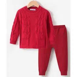 Kookie Kids Full Sleeves Pullover Sweater Set With Solid Colour & Cable Knit Design - Red-picture-32