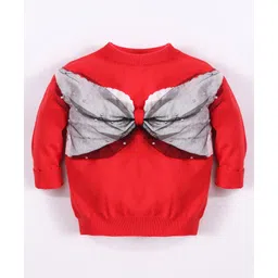 Kookie Kids Full Sleeves Pullover Sweater with Bow Applique - Red-picture-37