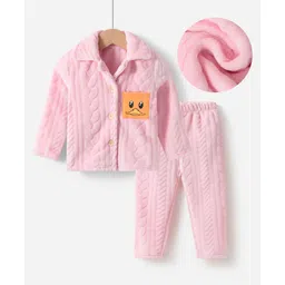 Kookie Kids Full Sleeves Soild Color Winter Night Suit with Duck Print Pocket  - Pink-picture-17