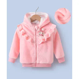 Kookie Kids Full Sleeves Solid Colour Hooded Winter Fur Jacket With Animal Applique - Pink-picture-18