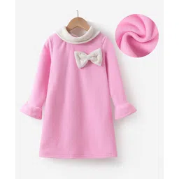 Kookie Kids Full Sleeves Solid ColourParty Frock with Peter Pan Collar & Bow Applique - Pink-picture-31