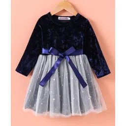 Kookie Kids Full Sleeves Star Foil Printed Front Tie  Up Frock - Navy Blue image 1