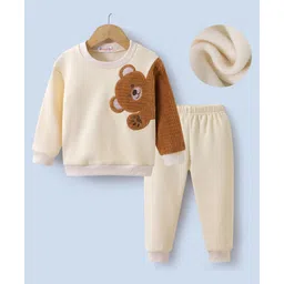 Kookie Kids Full Sleeves Winter T-Shirt & Lounge Pant With Teddy Bear Patch - Beige-picture-17
