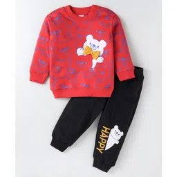 Kookie Kids Full Sleeves Winter Wear Bear Printed Sweatshirt with Bow Detailing & Text Print Lounge Pants Set - Red & Black-picture-25