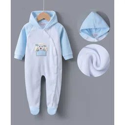 Kookie Kids Full Sleeves Winter Wear Hooded Footed Romper with Sheep Embroidery - Blue & White-picture-30