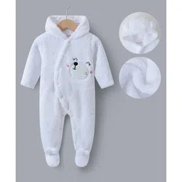 Kookie Kids Full Sleeves Winter Wear Hooded Romper With Bear Embroidery - White-picture-12