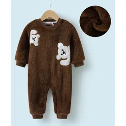 Kookie Kids Full Sleeves Winter Wear Hooded Romper with Bear Patch - Brown-picture-15