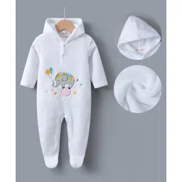 Kookie Kids Full Sleeves Winter Wear Hooded Romper with Elephant Embroidery - White-picture-24