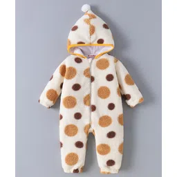 Kookie Kids Full Sleeves Winter Wear Hooded Romper with Polka Dots Print - Brown-picture-23