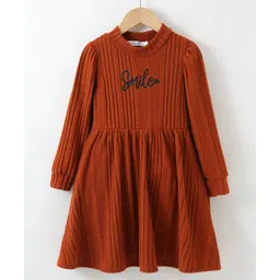 Kookie Kids Full Sleeves Winter Wear Party Frock with Text Print - Brown-picture-28